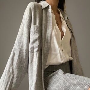 Vintage Blueprint Cotton Rayon Gray Plaid Oversized Button Up Shirt XL Unisex